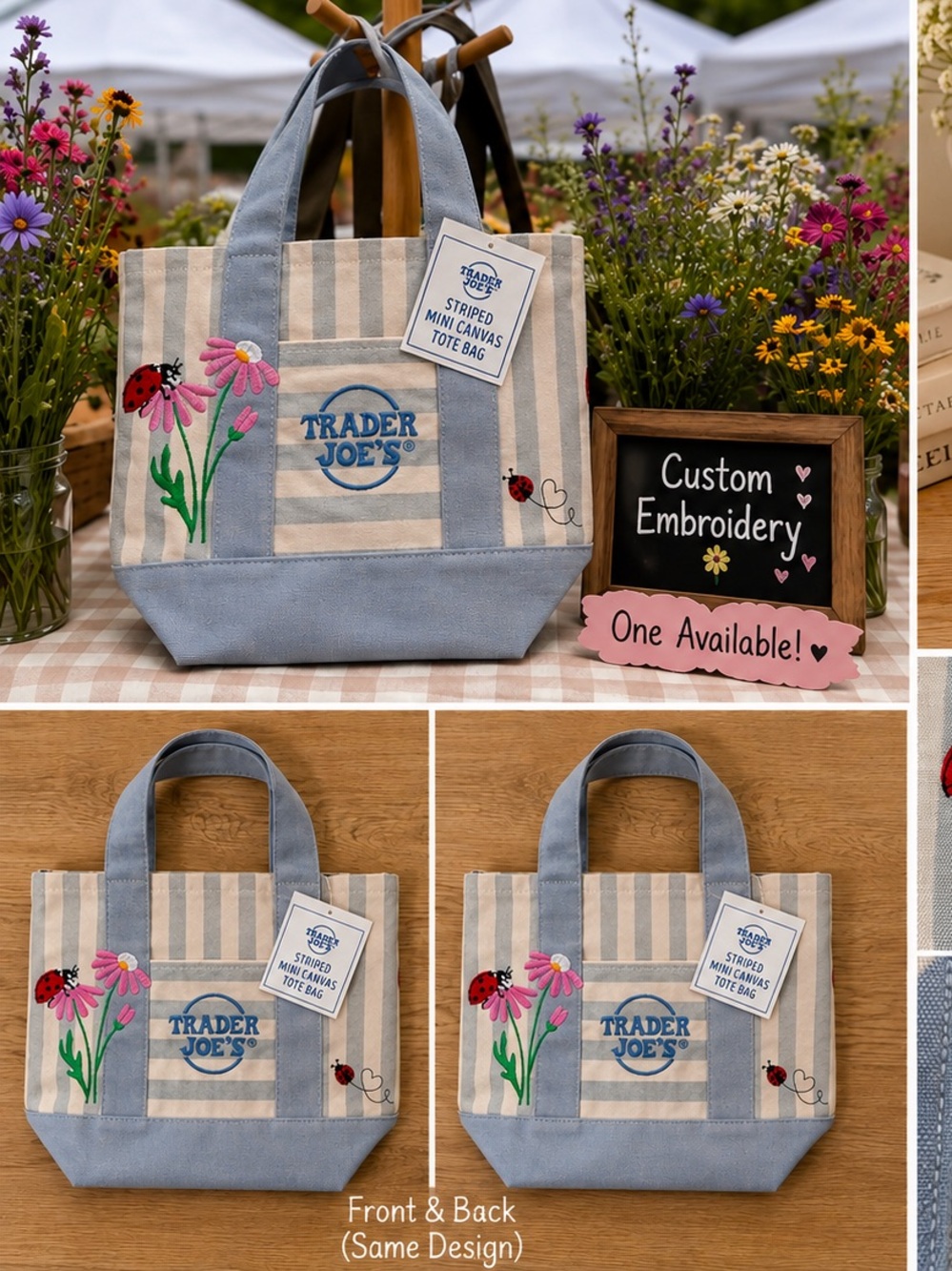 💙Trader Joe’s Mini Canvas Tote Bags with Custom Embroidery